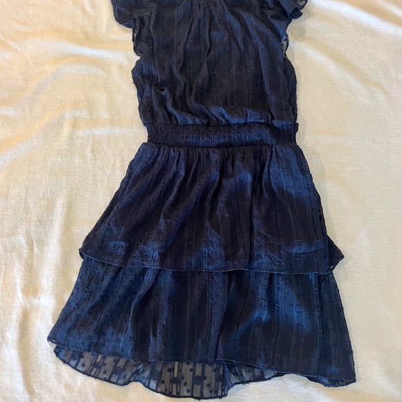 Dark blue, high neck, tier dress by Fortune and Ivy size MP w/ flutter sleeves - Picture 2 of 13